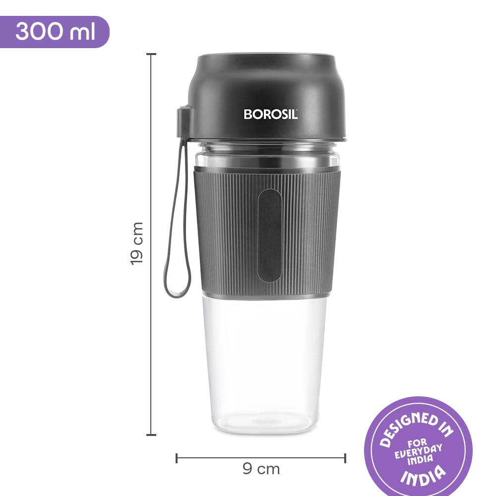 Borosil NutriGrip 40 Watts Portable Blender | Low-Noise DC Motor | Grey