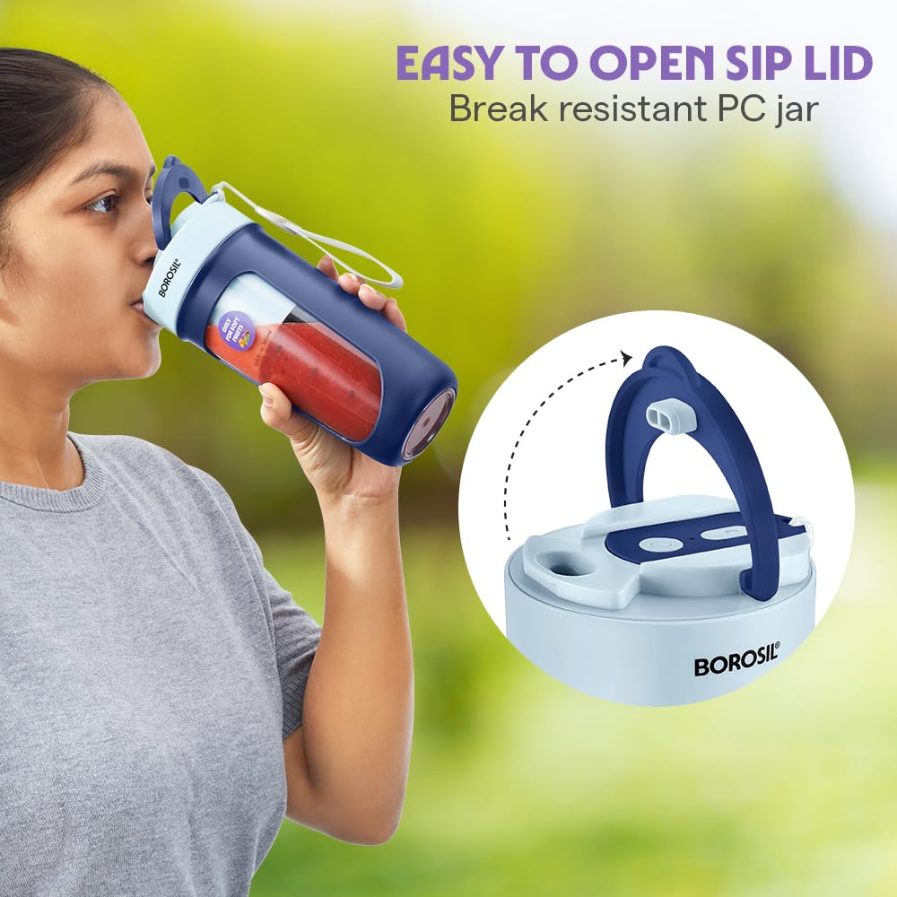 Borosil NutriSip 40 Watts Portable Blender | Low-Noise DC Motor | Blue