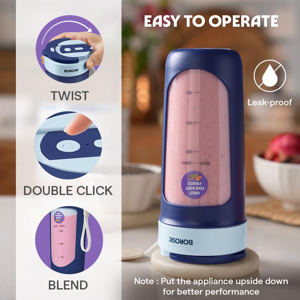 Borosil NutriSip 40 Watts Portable Blender | Low-Noise DC Motor | Blue