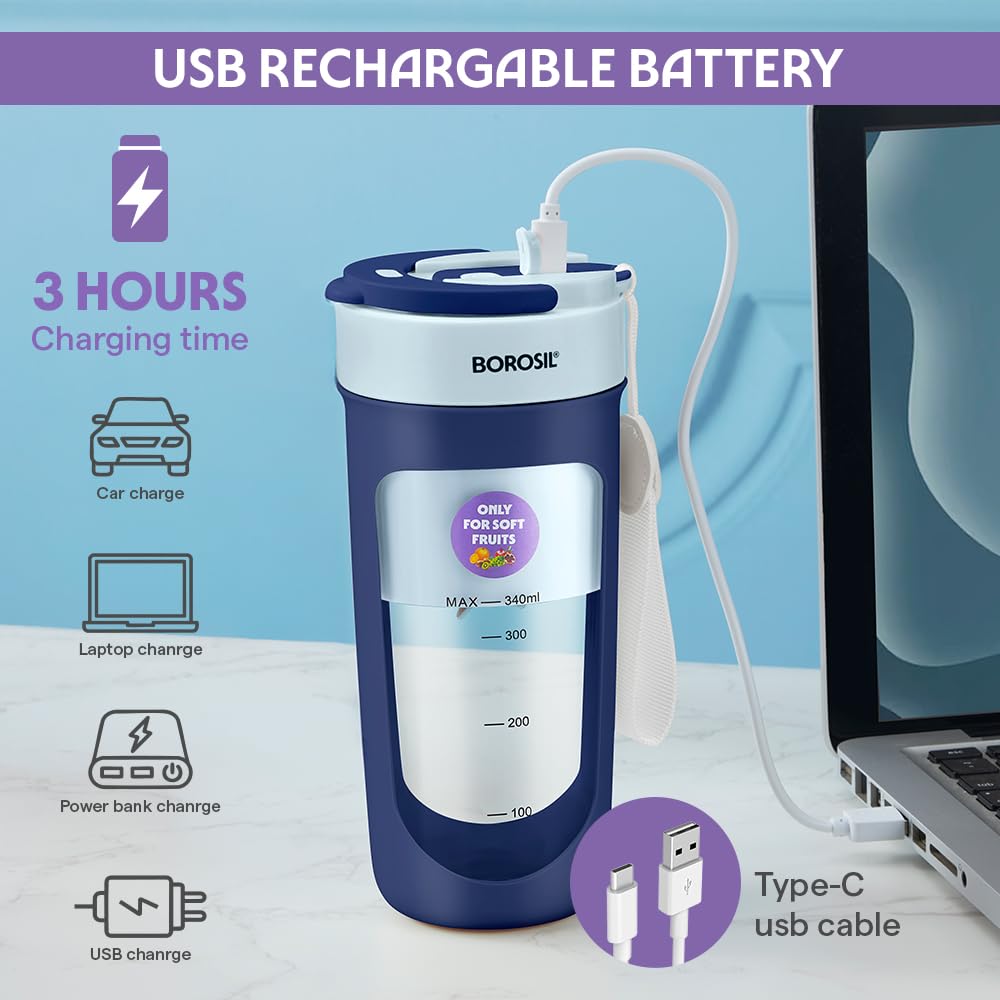Borosil NutriSip 40 Watts Portable Blender | Low-Noise DC Motor | Blue
