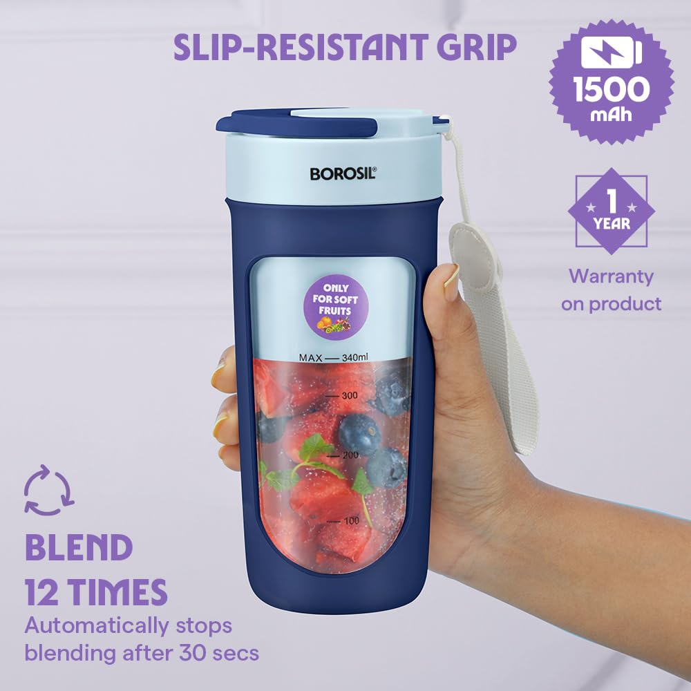 Borosil NutriSip 40 Watts Portable Blender | Low-Noise DC Motor | Blue