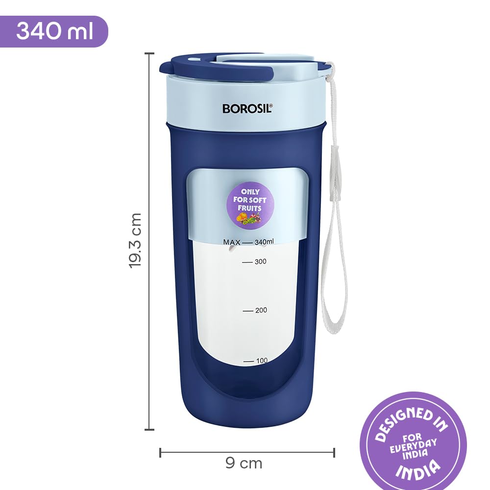 Borosil NutriSip 40 Watts Portable Blender | Low-Noise DC Motor | Blue