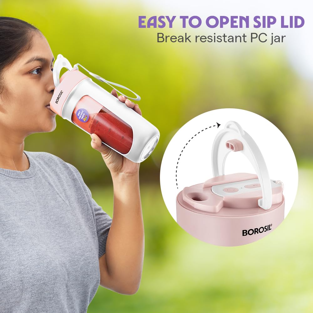 Borosil NutriSip 40 Watts Portable Blender | Low-Noise DC Motor | Pink