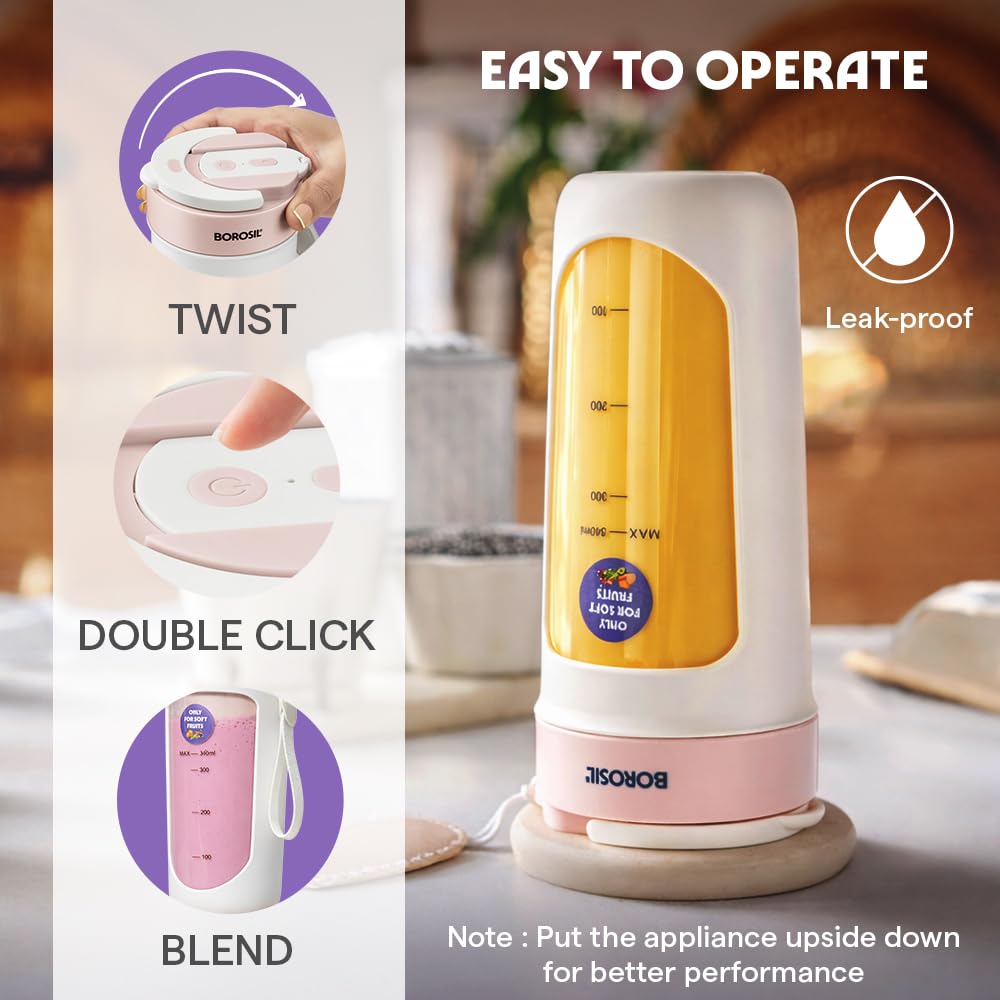 Borosil NutriSip 40 Watts Portable Blender | Low-Noise DC Motor | Pink