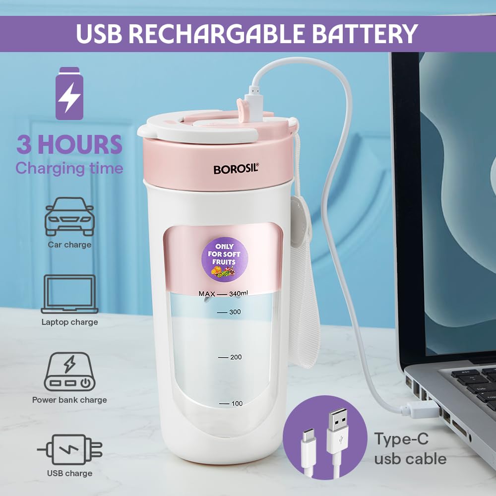 Borosil NutriSip 40 Watts Portable Blender | Low-Noise DC Motor | Pink