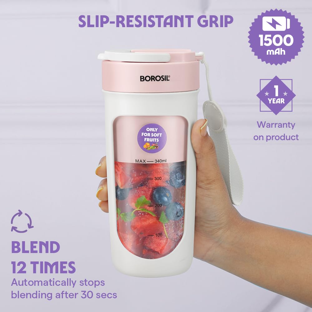 Borosil NutriSip 40 Watts Portable Blender | Low-Noise DC Motor | Pink