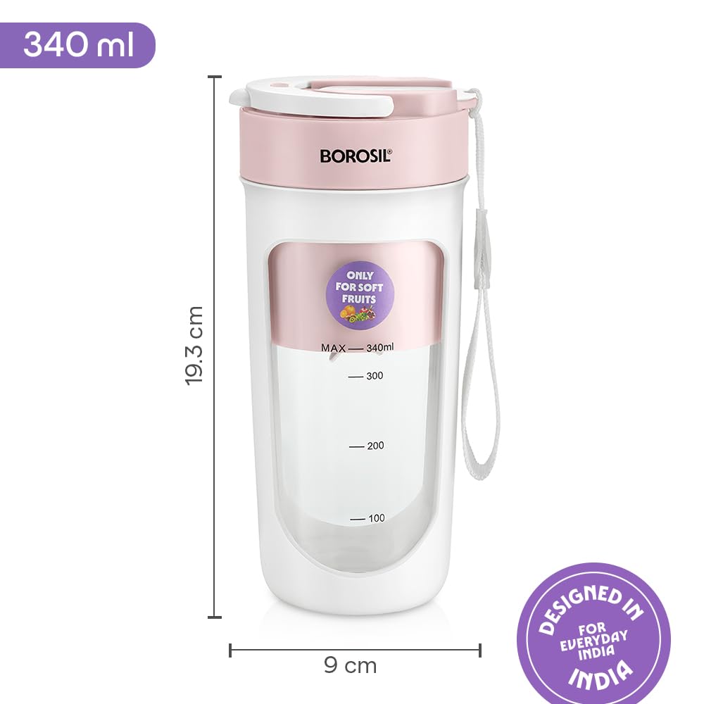 Borosil NutriSip 40 Watts Portable Blender | Low-Noise DC Motor | Pink