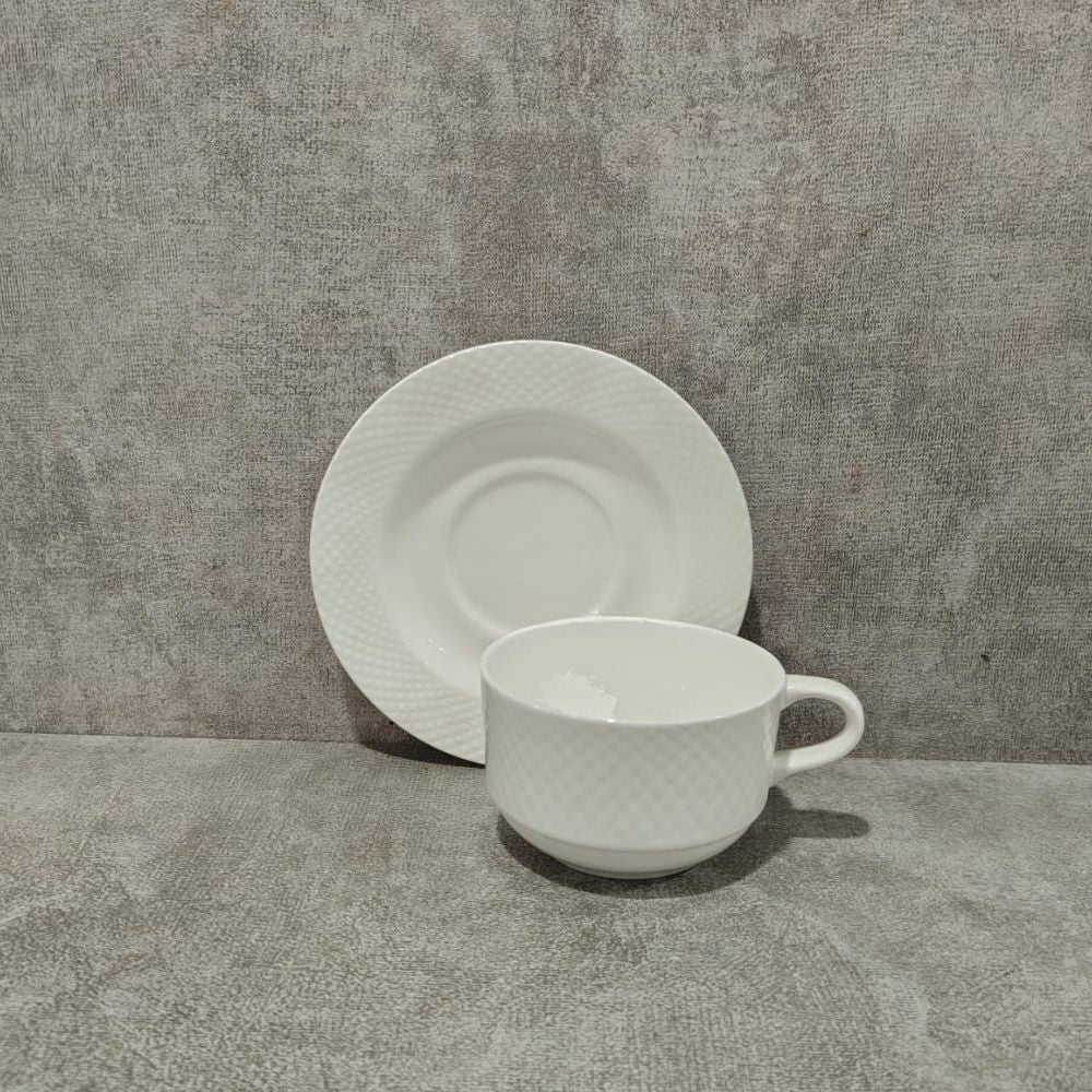 Clay Craft Diamond Plain Cup Saucer Set | White | Set of 12 Pcs