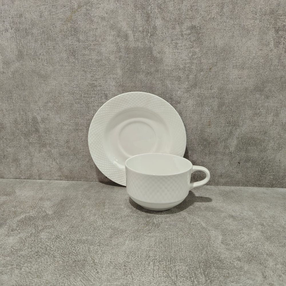 Clay Craft Diamond Plain Cup Saucer Set | White | Set of 12 Pcs