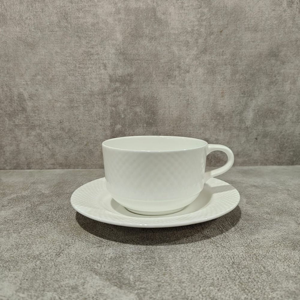 Clay Craft Diamond Plain Cup Saucer Set | White | Set of 12 Pcs