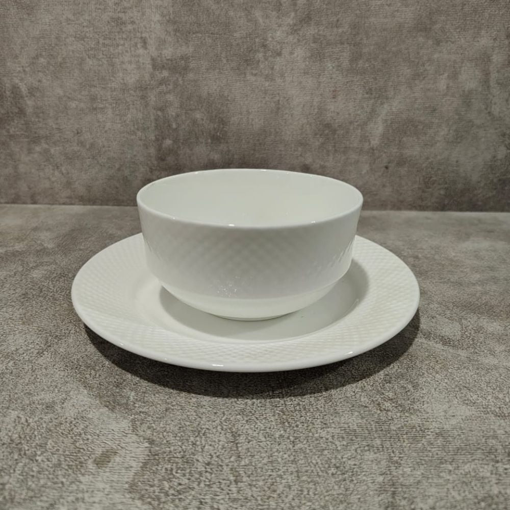 Clay Craft Soup Bowl with Saucer Set | White | Set of 12 Pcs