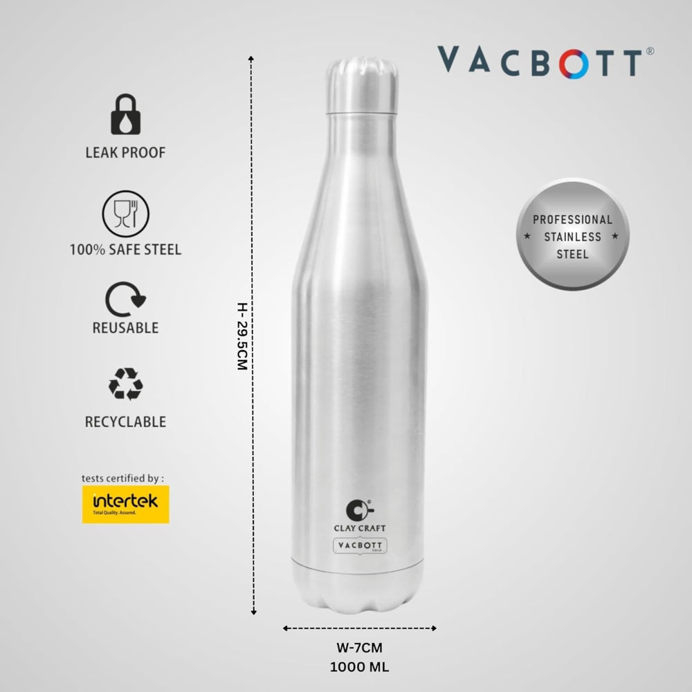 Clay Craft Vacbott Carbon 1000 ML Single Walled Water Bottle | Silver | 1 Pc
