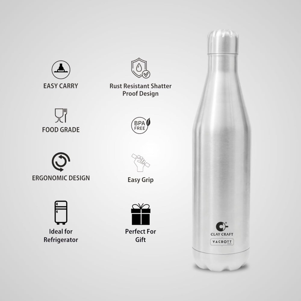 Clay Craft Vacbott Carbon 1000 ML Single Walled Water Bottle | Silver | 1 Pc