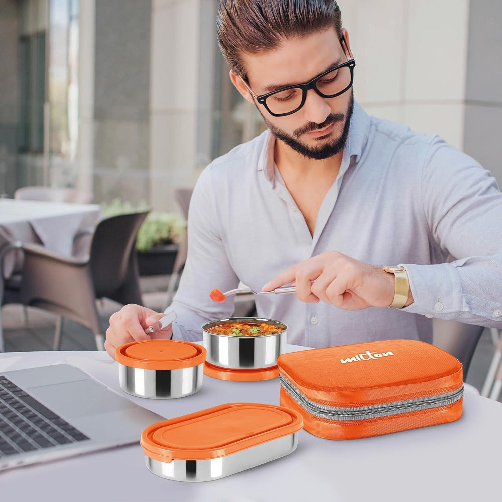 Milton Cubite Stainless Steel Tiffin with 3 Containers | Food Grade | Light Weight