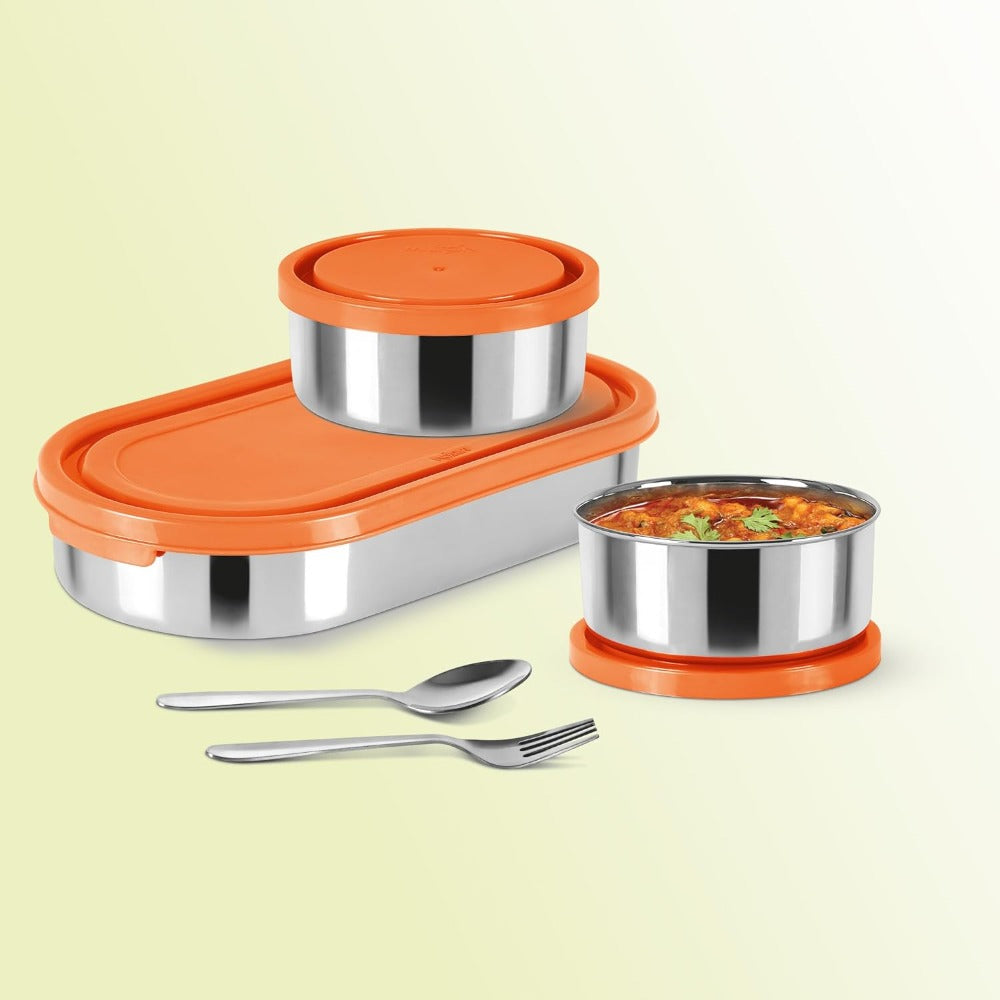 Milton Cubite Stainless Steel Tiffin with 3 Containers | Food Grade | Light Weight