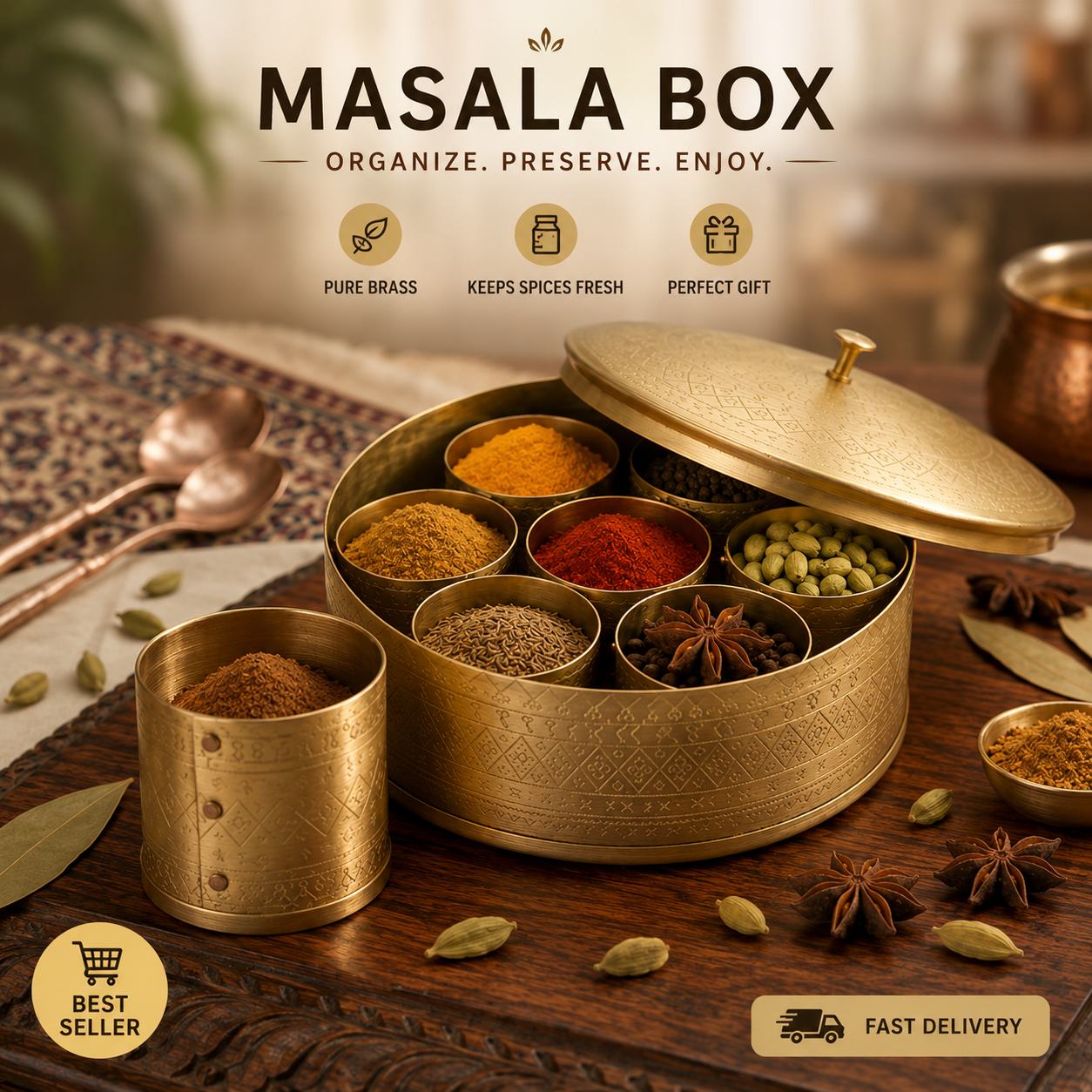 LaCoppera Premium Brass Dome Shape Masala Box | 7 Containers | Golden | 9 inch