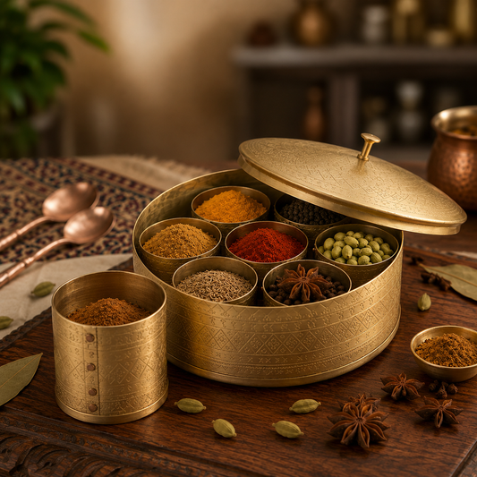 LaCoppera Premium Brass Dome Shape Masala Box | 7 Containers | Golden | 9 inch