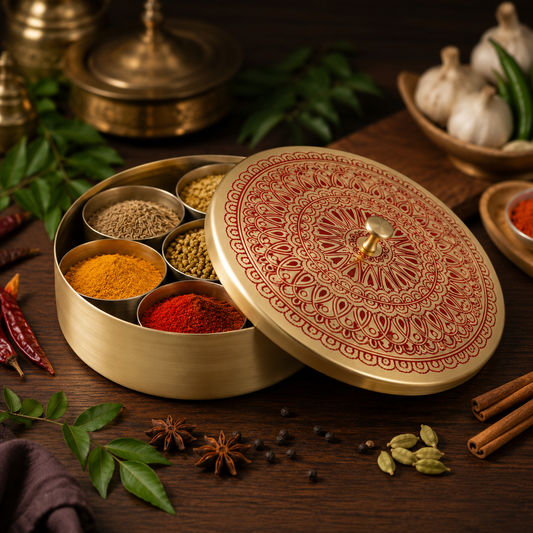 LaCoppera Mandala Radiance Design Premium Brass Masala Box | 7 Containers | Golden | 7 inches