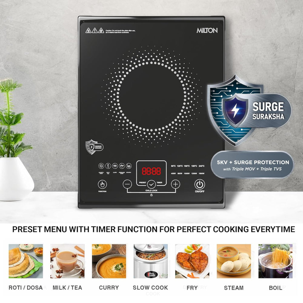Milton Elio Elite 16.0 1600 Watts Portable Induction Cooktop | 5KV Surge Protection | Black