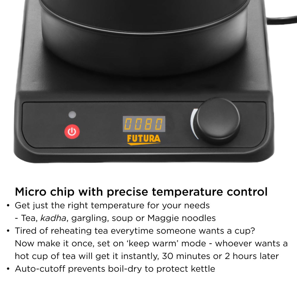 Hawkins Futura Stainless Steel 1.4 Litre 1200 Watts Electronic Smart Kettle with Micro-Chip - FKTA1 | Black