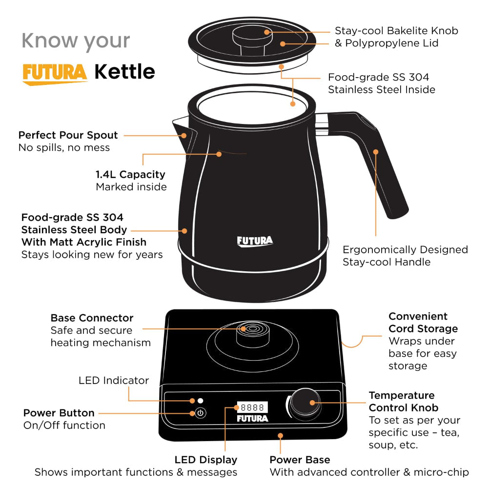 Hawkins Futura Stainless Steel 1.4 Litre 1200 Watts Electronic Smart Kettle with Micro-Chip - FKTA1 | Black