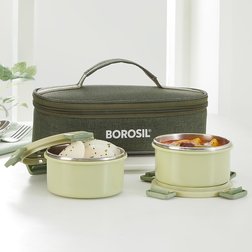Borosil Glory 2 Container Stainless Steel Lunchbox with Bag | Microwavable | Leakproof