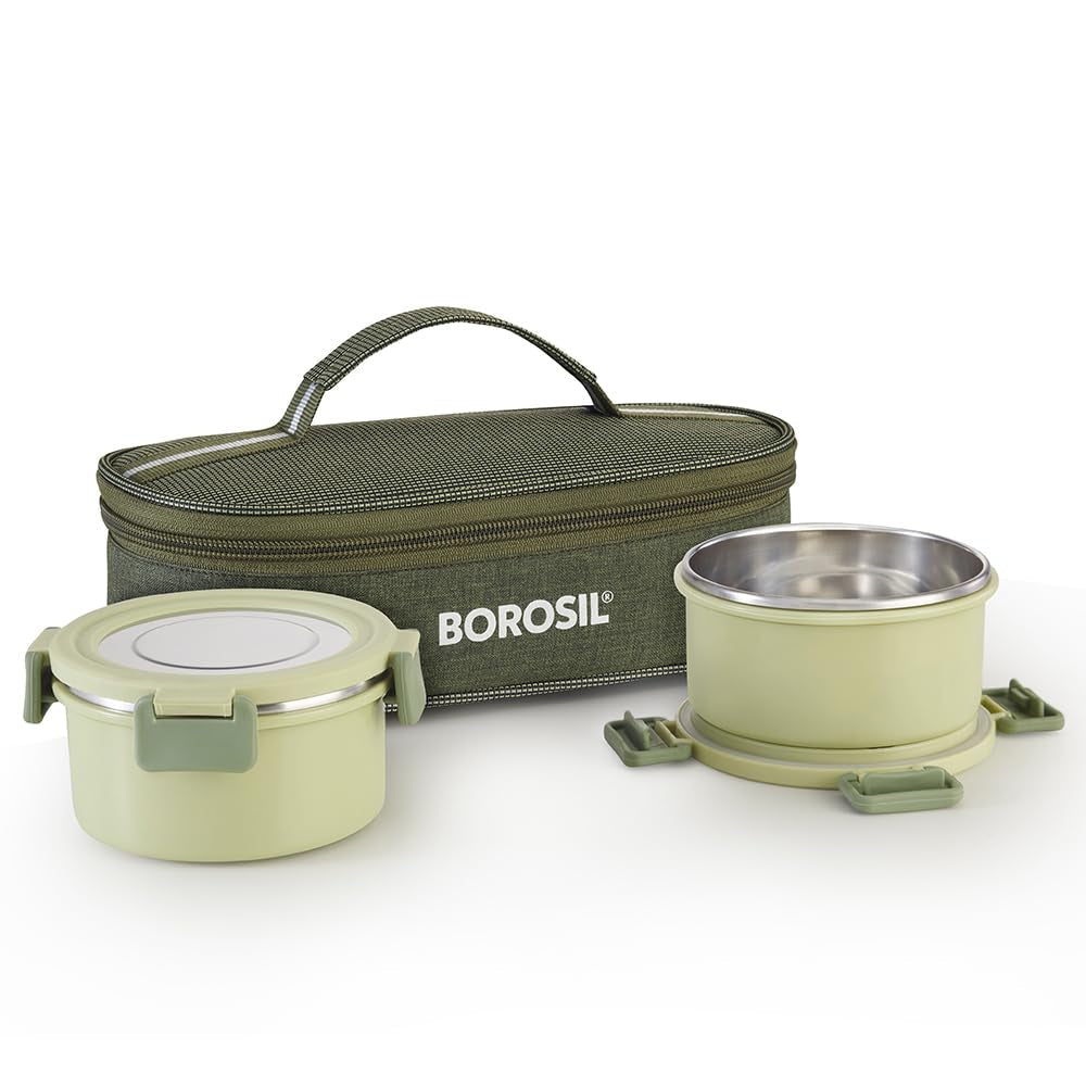 Borosil Glory 2 Container Stainless Steel Lunchbox with Bag | Microwavable | Leakproof