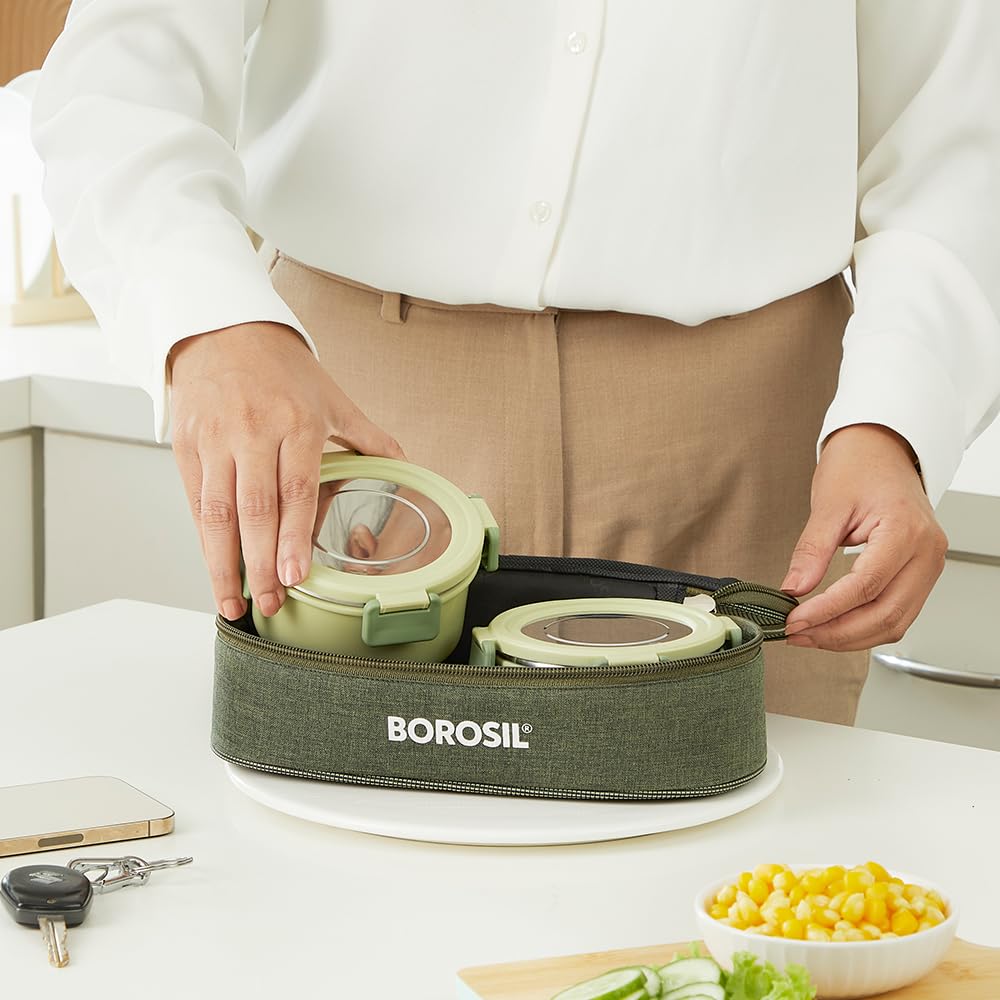 Borosil Glory 2 Container Stainless Steel Lunchbox with Bag | Microwavable | Leakproof