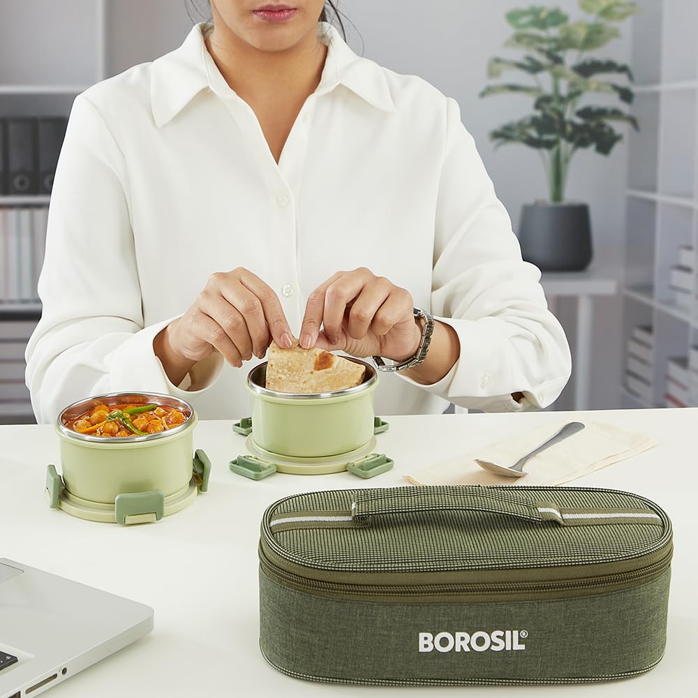 Borosil Glory 2 Container Stainless Steel Lunchbox with Bag | Microwavable | Leakproof