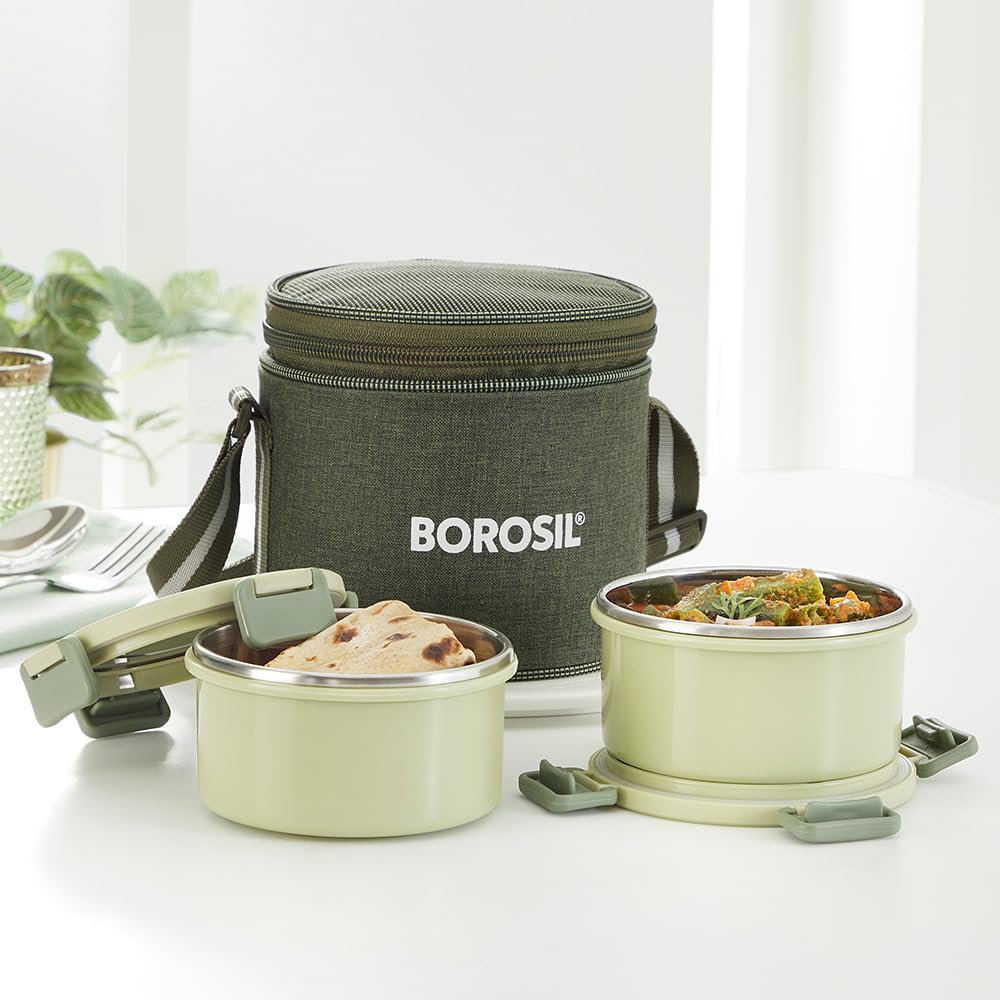 Borosil Glory 2 Container Stainless Steel Lunchbox with Bag | Microwavable | Leakproof