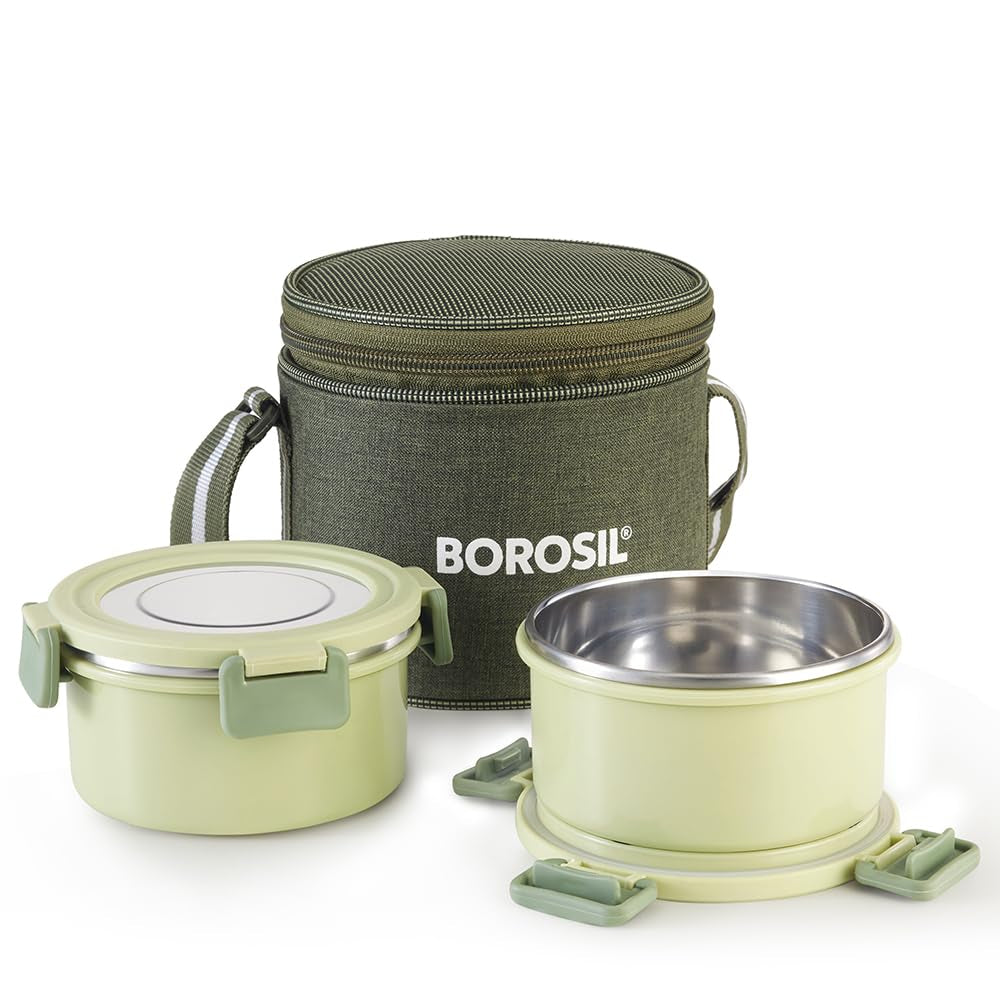 Borosil Glory 2 Container Stainless Steel Lunchbox with Bag | Microwavable | Leakproof