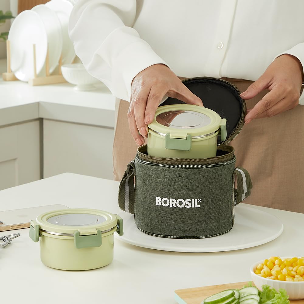 Borosil Glory 2 Container Stainless Steel Lunchbox with Bag | Microwavable | Leakproof