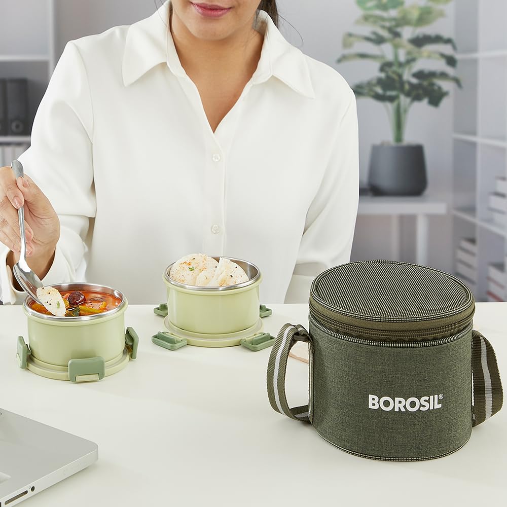 Borosil Glory 2 Container Stainless Steel Lunchbox with Bag | Microwavable | Leakproof