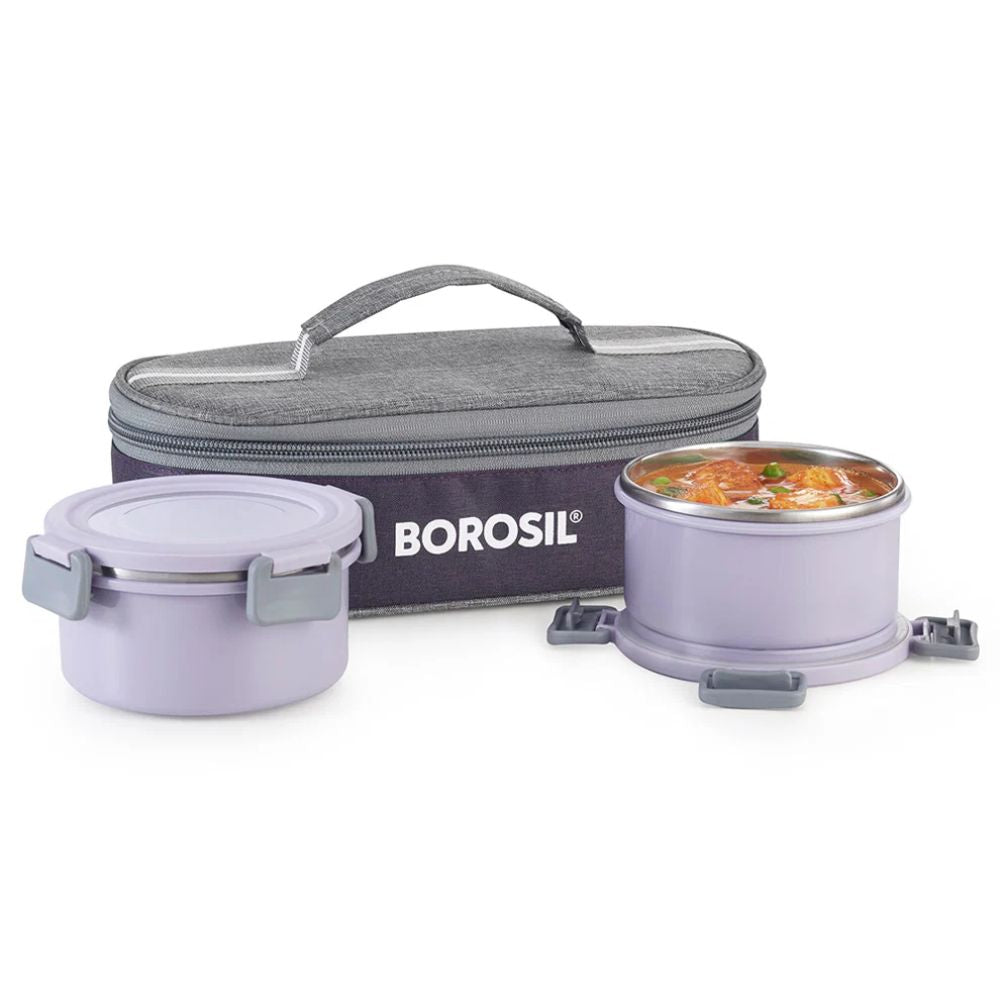 Borosil Glory 2 Container Stainless Steel Lunchbox with Bag | Microwavable | Leakproof