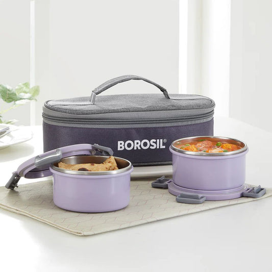 Borosil Glory 2 Container Stainless Steel Lunchbox with Bag | Microwavable | Leakproof