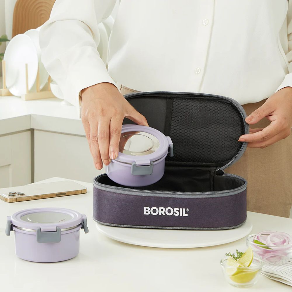 Borosil Glory 2 Container Stainless Steel Lunchbox with Bag | Microwavable | Leakproof