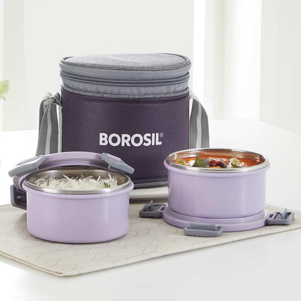 Borosil Glory 2 Container Stainless Steel Lunchbox with Bag | Microwavable | Leakproof