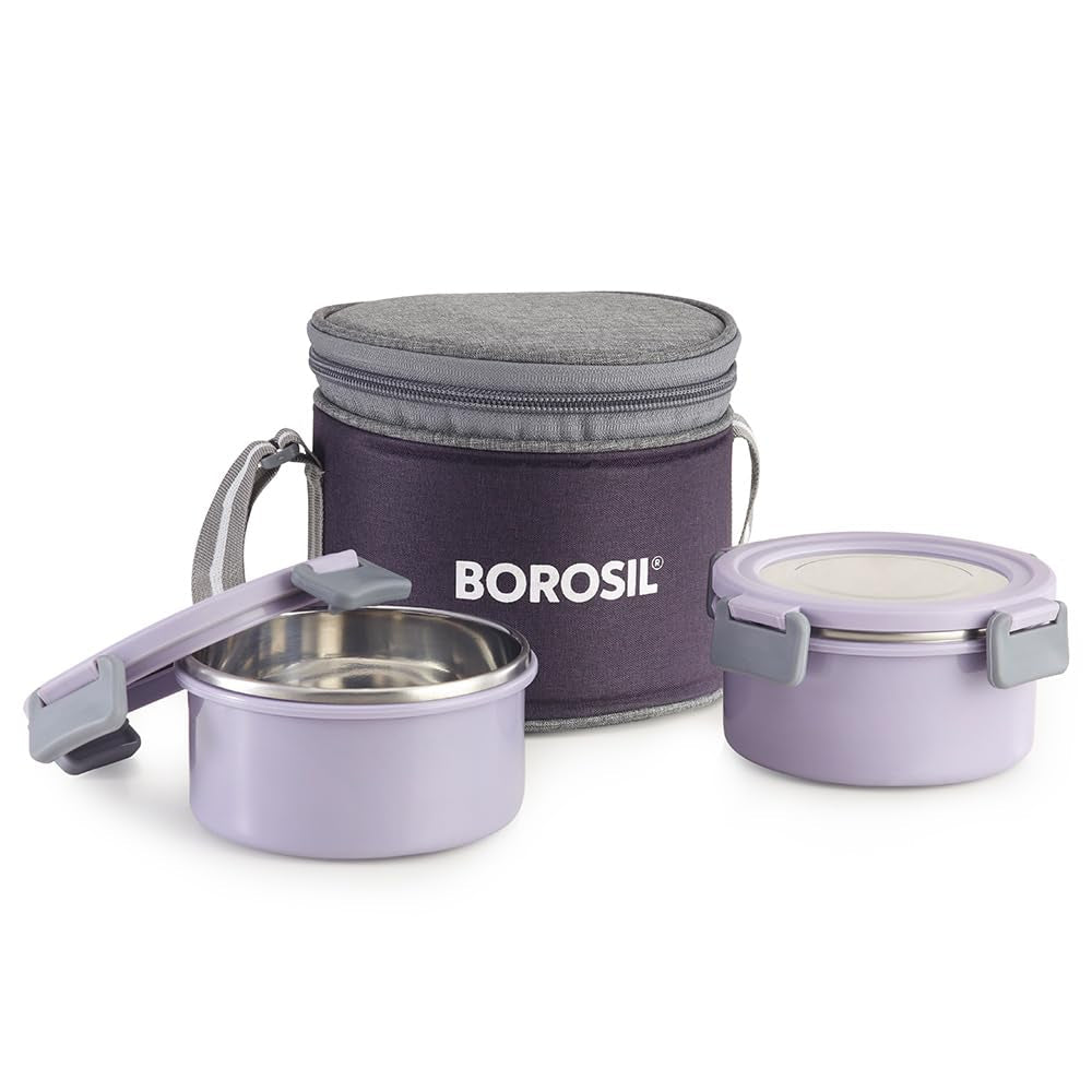 Borosil Glory 2 Container Stainless Steel Lunchbox with Bag | Microwavable | Leakproof