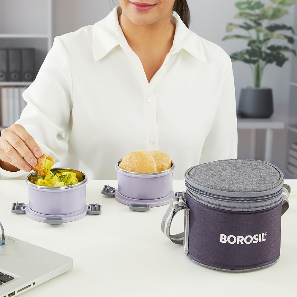 Borosil Glory 2 Container Stainless Steel Lunchbox with Bag | Microwavable | Leakproof
