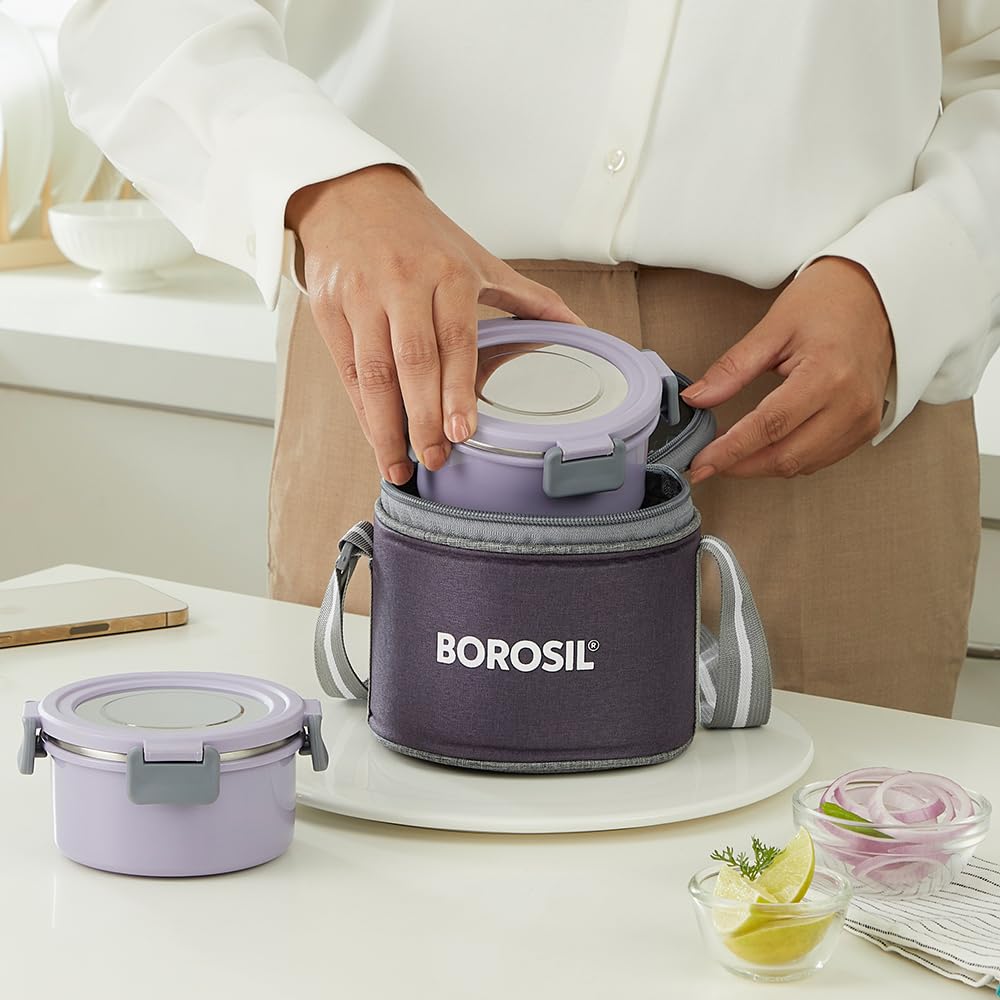 Borosil Glory 2 Container Stainless Steel Lunchbox with Bag | Microwavable | Leakproof