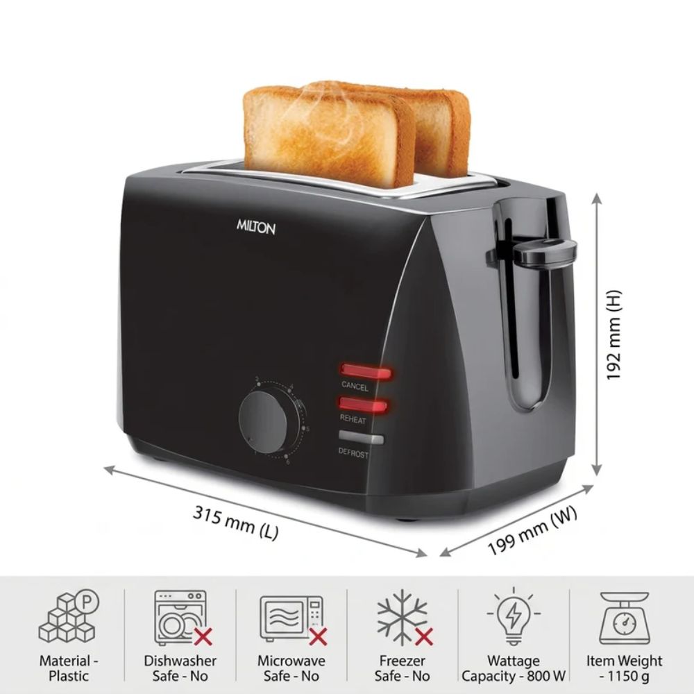 Milton Gold Crust 800 Watts 2-Slice Pop Up Toaster | 6 Browning Settings | Black