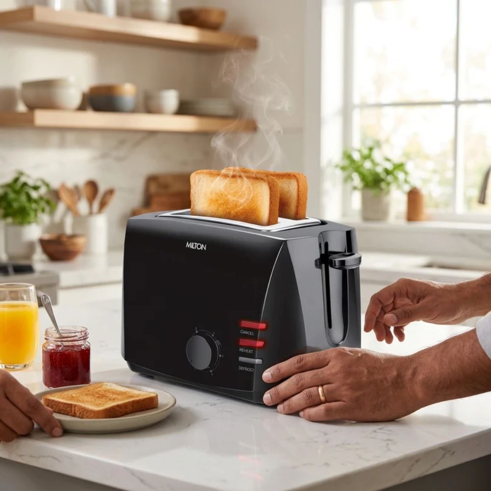 Milton Gold Crust 800 Watts 2-Slice Pop Up Toaster | 6 Browning Settings | Black