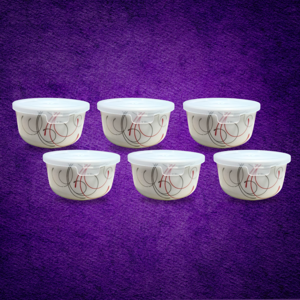 Larah by Borosil Opalware Katori with Lid | 6 Bowls and 6 Lids