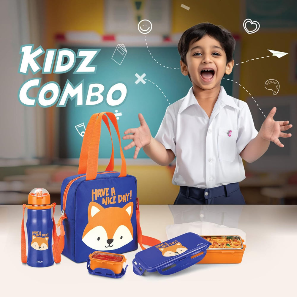Milton Kidz Combo Tiffin - 650 ML Tiffin with inner steel + 415 ML Stainless Steel Bottle | Set of 2 Pcs