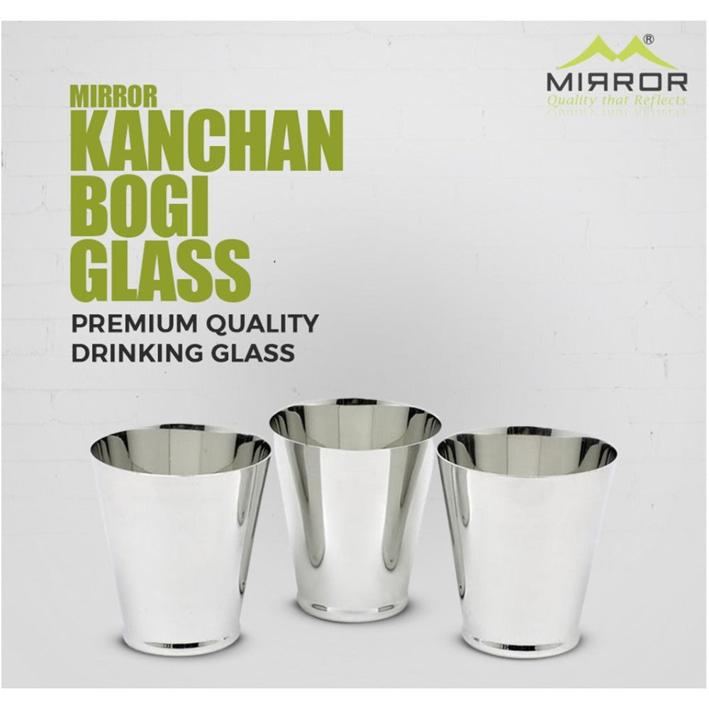 Mirror Kanchan Bogi Stainless Steel Glass Set - MIR0008 | Outer Mirror Finish | Set of 6 Pcs