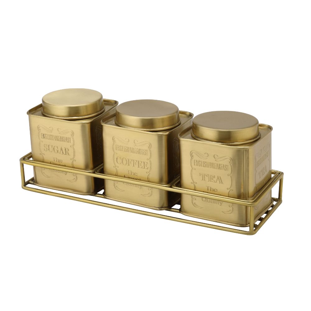 LaCoppera Brass Tea Coffee Sugar Breakfast Jar Set with Stand | Set of 4 Pcs