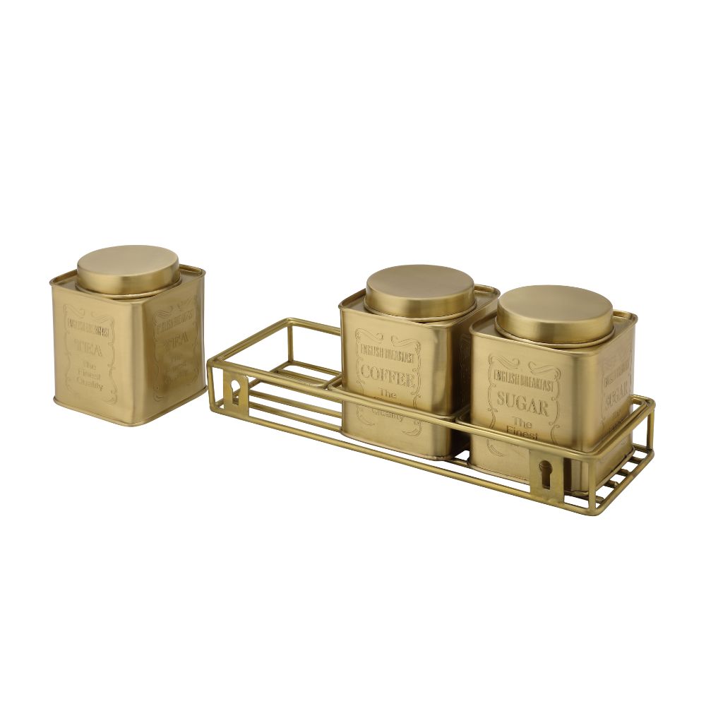 LaCoppera Brass Tea Coffee Sugar Breakfast Jar Set with Stand | Set of 4 Pcs