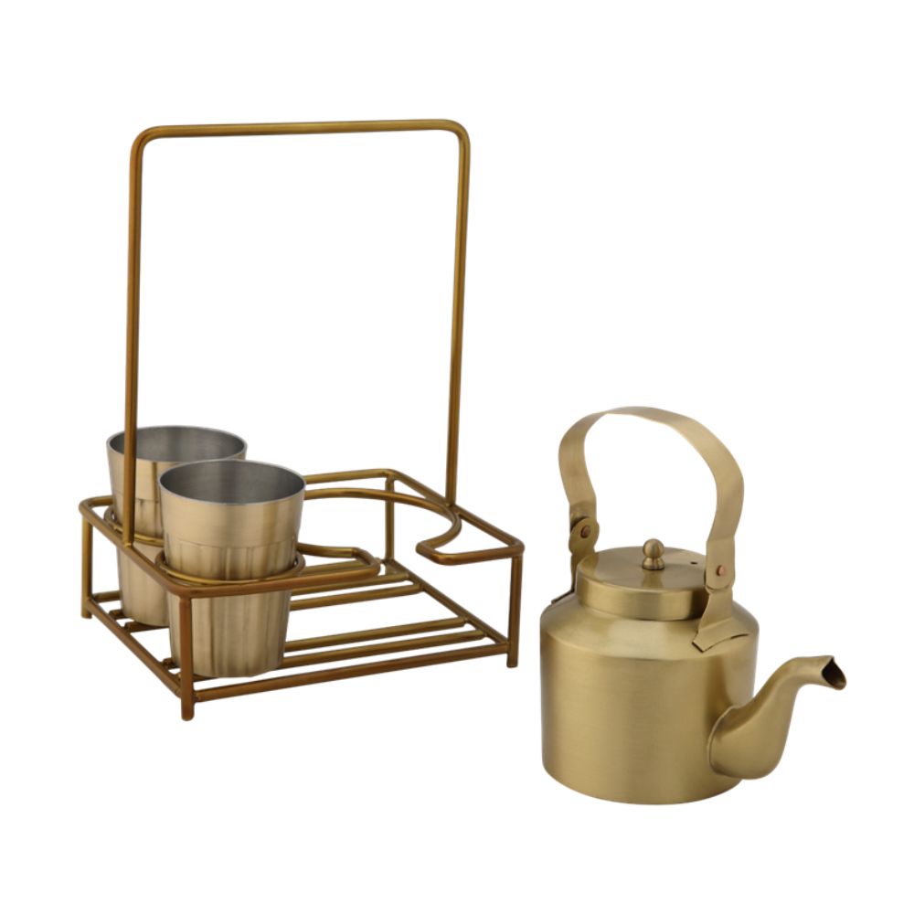 LaCoppera Premium Brass Tapri Tea Set – 2  Glasses & Kettle with Stand | Classic Cutting Chai Style | Set of 4 Pcs