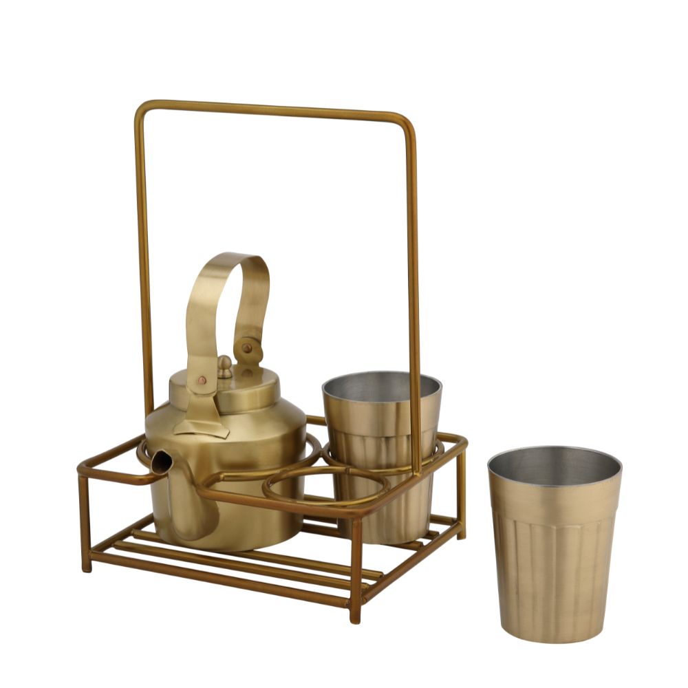 LaCoppera Premium Brass Tapri Tea Set – 2  Glasses & Kettle with Stand | Classic Cutting Chai Style | Set of 4 Pcs