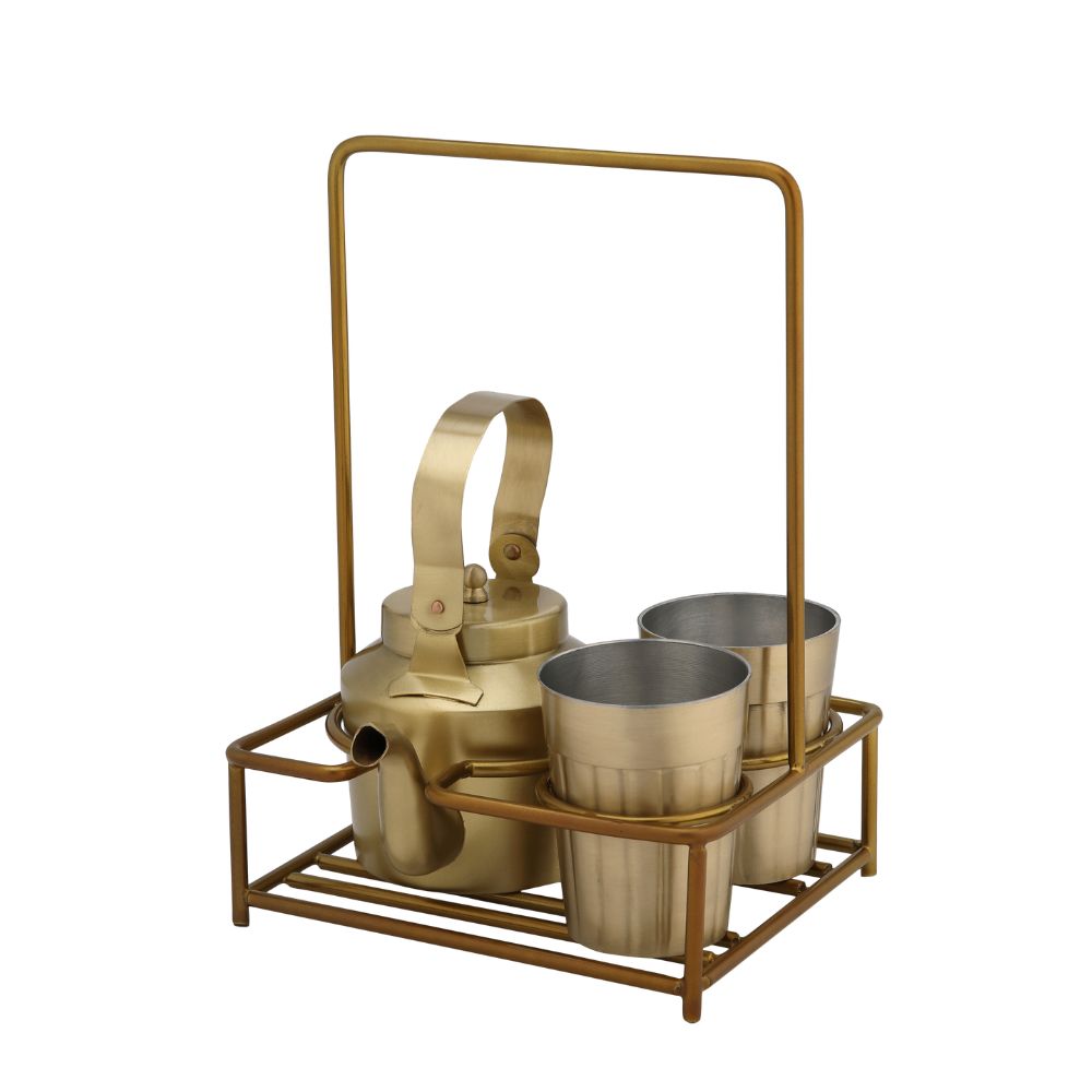 LaCoppera Premium Brass Tapri Tea Set – 2  Glasses & Kettle with Stand | Classic Cutting Chai Style | Set of 4 Pcs